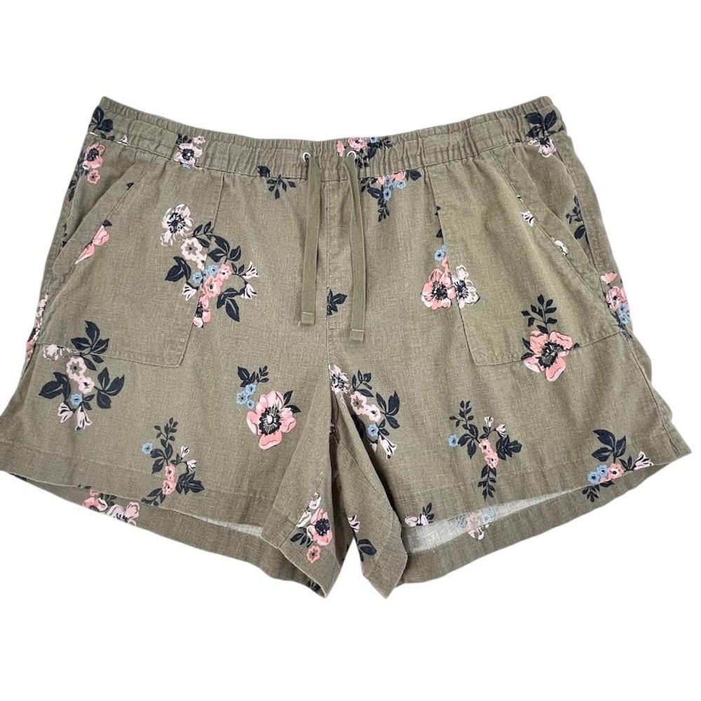 Nautica Floral Shorts Womens XXL Olive Green Excellent Linen Blend‎ Drawstring